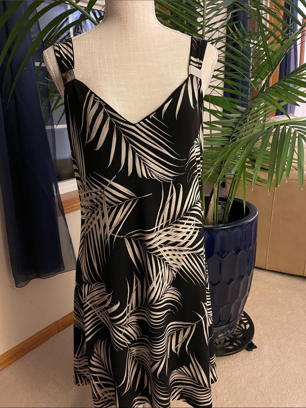 Black Palm-Leaf Print Slip Dress - Black/Cream Reversible to Solid Black